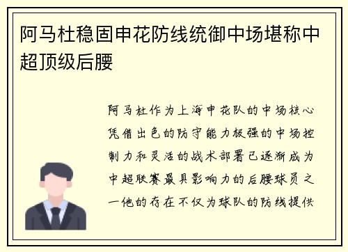 阿马杜稳固申花防线统御中场堪称中超顶级后腰 阿马杜稳固申花防线统御中场堪称中超顶级后腰