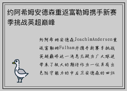 约阿希姆安德森重返富勒姆携手新赛季挑战英超巅峰 约阿希姆安德森重返富勒姆携手新赛季挑战英超巅峰
