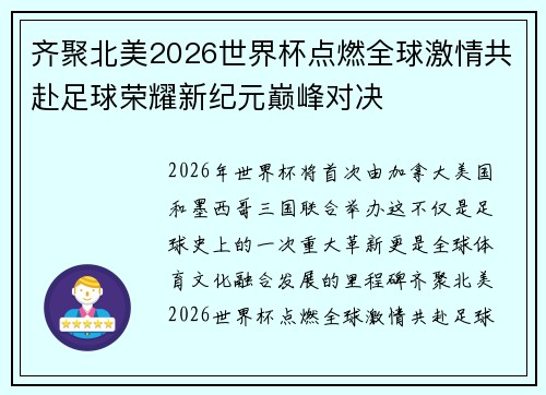 齐聚北美2026世界杯点燃全球激情共赴足球荣耀新纪元巅峰对决 齐聚北美2026世界杯点燃全球激情共赴足球荣耀新纪元巅峰对决